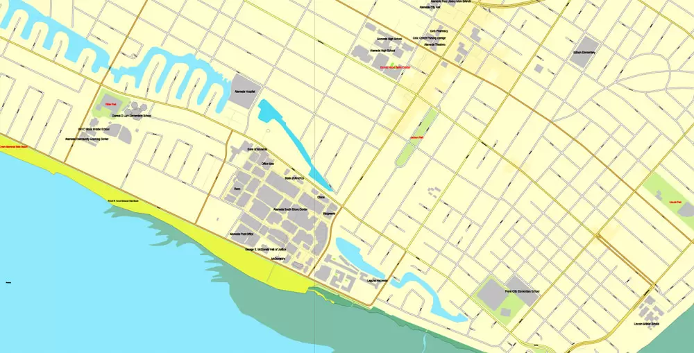 Vector Map Oakland + Berkeley, California, US, vector map Adobe Illustrator editable City Plan V5-2016.08, full vector, scalable, printable, text format street names, 10 mb ZIP