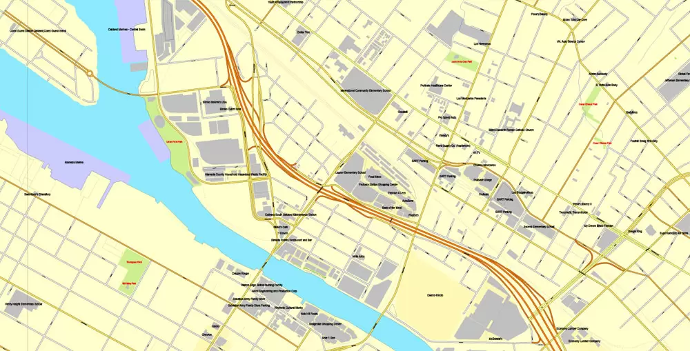 Vector Map Oakland + Berkeley, California, US, vector map Adobe Illustrator editable City Plan V5-2016.08, full vector, scalable, printable, text format street names, 10 mb ZIP