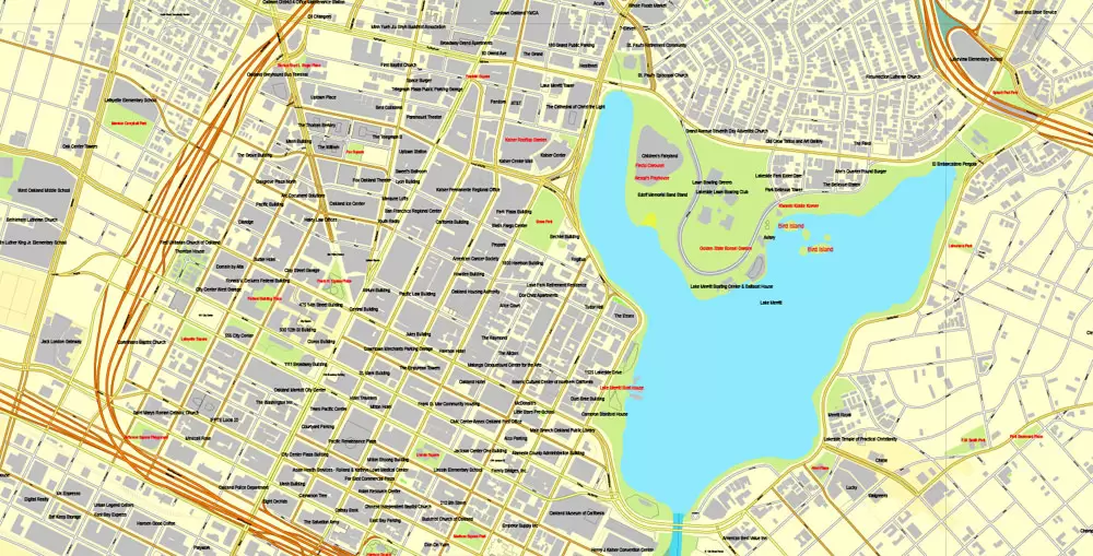 Vector Map Oakland + Berkeley, California, US, vector map Adobe Illustrator editable City Plan V5-2016.08, full vector, scalable, printable, text format street names, 10 mb ZIP