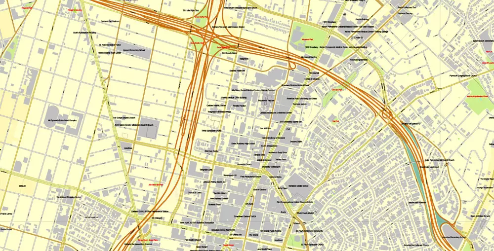 Vector Map Oakland + Berkeley, California, US, vector map Adobe Illustrator editable City Plan V5-2016.08, full vector, scalable, printable, text format street names, 10 mb ZIP