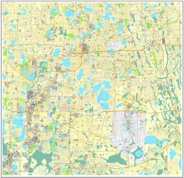 Vector Map Orlando, Florida, exact printable vector street City Plan map V.3, full editable, Adobe Illustrator, full vector, scalable, editable, text format street names, 11 mb ZIP