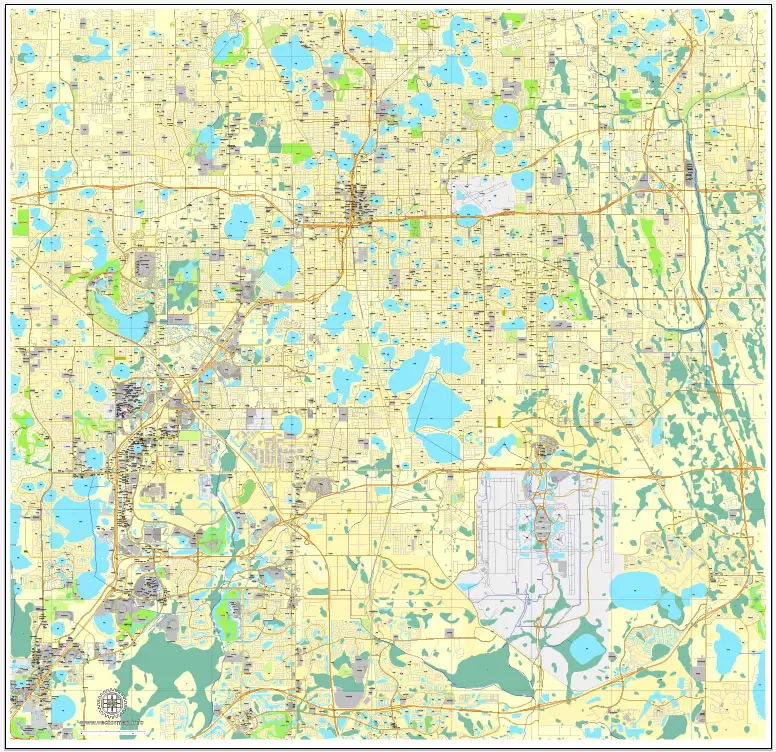 Vector Map Orlando, Florida, exact printable vector street City Plan map V.3, full editable, Adobe Illustrator, full vector, scalable, editable, text format street names, 11 mb ZIP