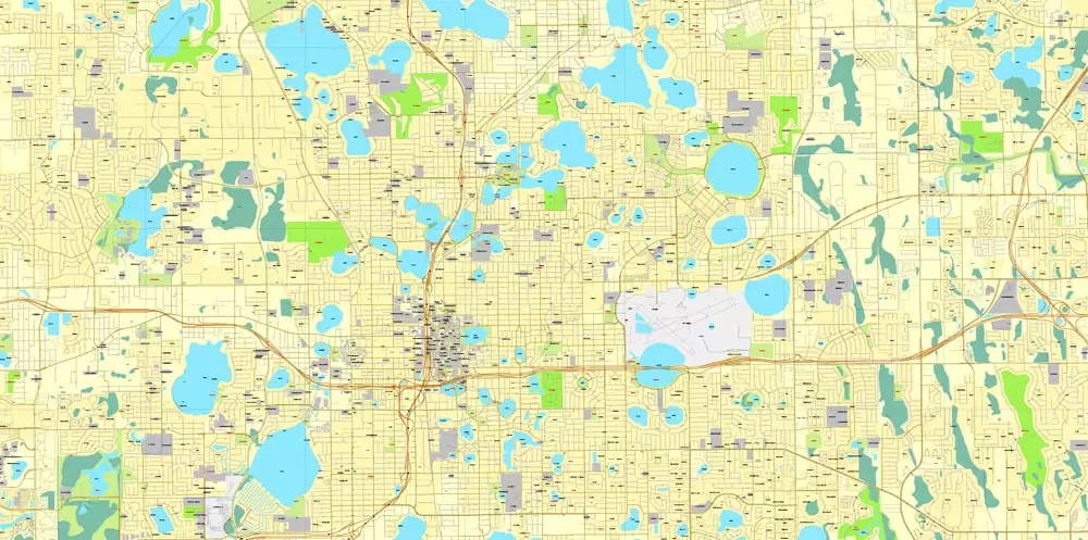 Vector Map Orlando, Florida, exact printable vector street City Plan map V.3, full editable, Adobe Illustrator, full vector, scalable, editable, text format street names, 11 mb ZIP