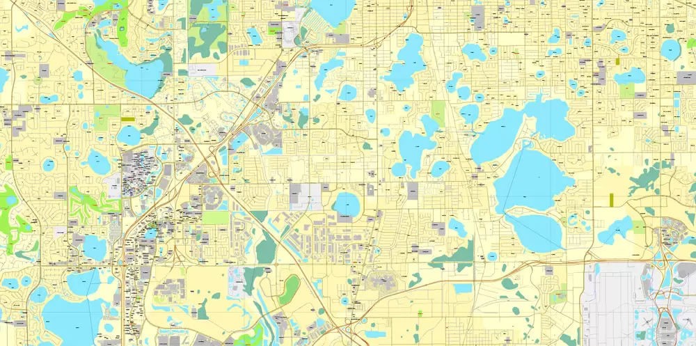 Vector Map Orlando, Florida, exact printable vector street City Plan map V.3, full editable, Adobe Illustrator, full vector, scalable, editable, text format street names, 11 mb ZIP