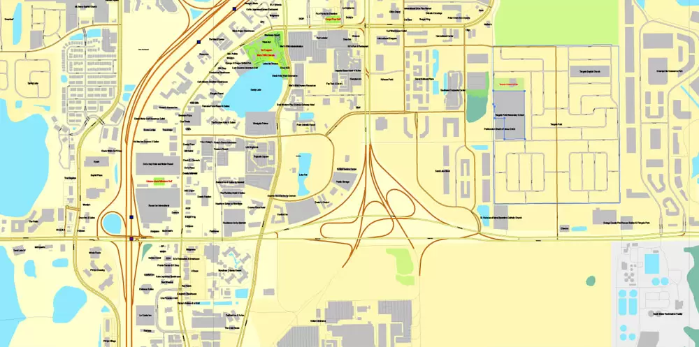 Vector Map Orlando, Florida, exact printable vector street City Plan map V.3, full editable, Adobe Illustrator, full vector, scalable, editable, text format street names, 11 mb ZIP