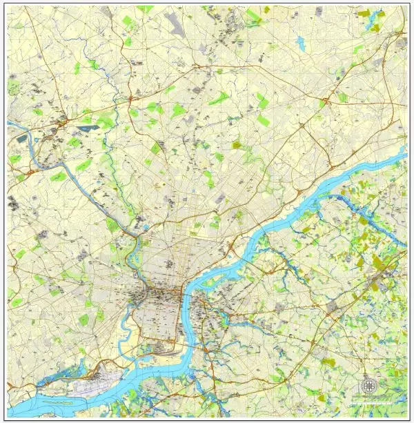 Vector Map Philadelphia, Pennsylvania, US, printable vector map street City Plan V.3.08.2016 full editable, Adobe Illustrator, full vector, scalable, editable text format street names, 26 mb ZIP