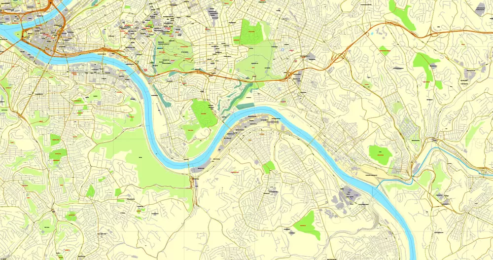 Vector Map Pittsburgh, Pennsylvania, US, vector map Adobe Illustrator editable City Plan V3-2016.07, full vector, scalable, editable, text format street names, 23 mb ZIP