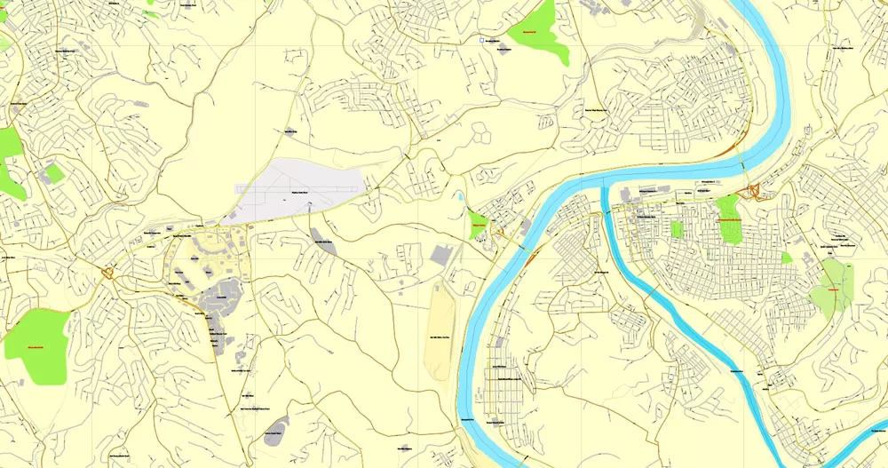 Vector Map Pittsburgh, Pennsylvania, US, vector map Adobe Illustrator editable City Plan V3-2016.07, full vector, scalable, editable, text format street names, 23 mb ZIP