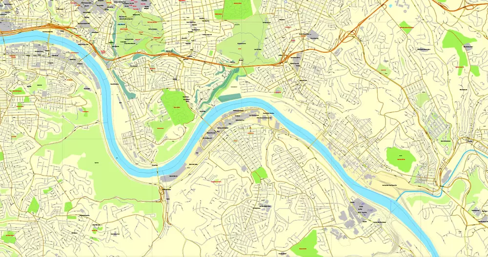 Vector Map Pittsburgh, Pennsylvania, US, vector map Adobe Illustrator editable City Plan V3-2016.07, full vector, scalable, editable, text format street names, 23 mb ZIP