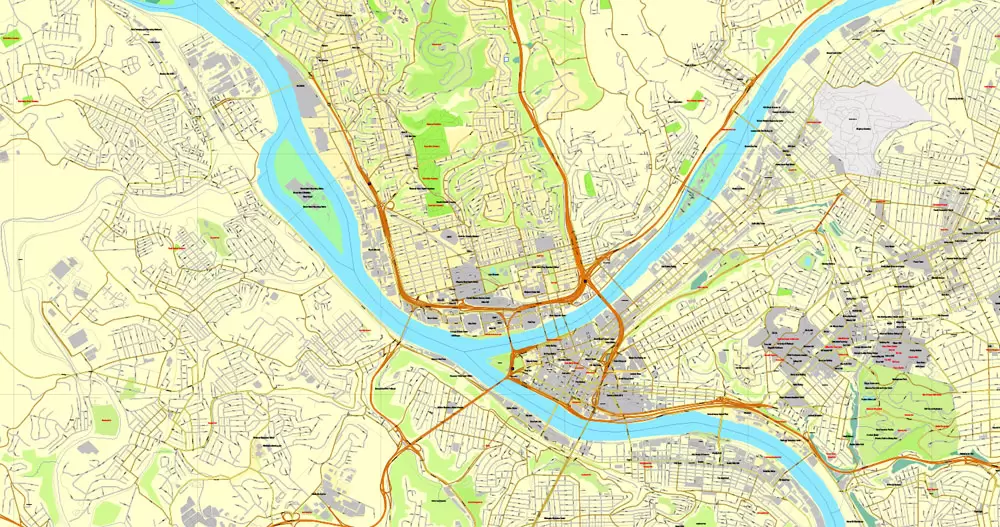 Vector Map Pittsburgh, Pennsylvania, US, vector map Adobe Illustrator editable City Plan V3-2016.07, full vector, scalable, editable, text format street names, 23 mb ZIP
