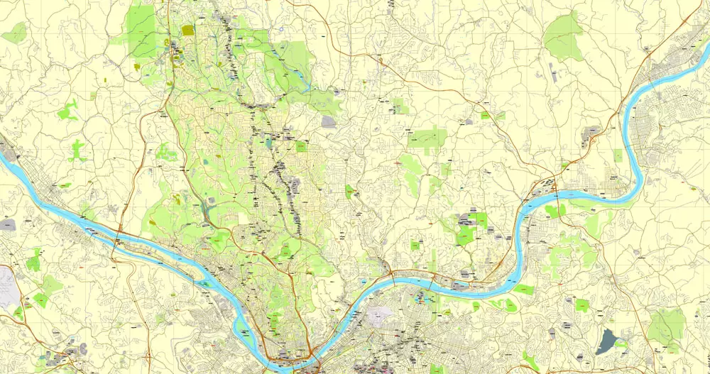 Vector Map Pittsburgh, Pennsylvania, US, vector map Adobe Illustrator editable City Plan V3-2016.07, full vector, scalable, editable, text format street names, 23 mb ZIP