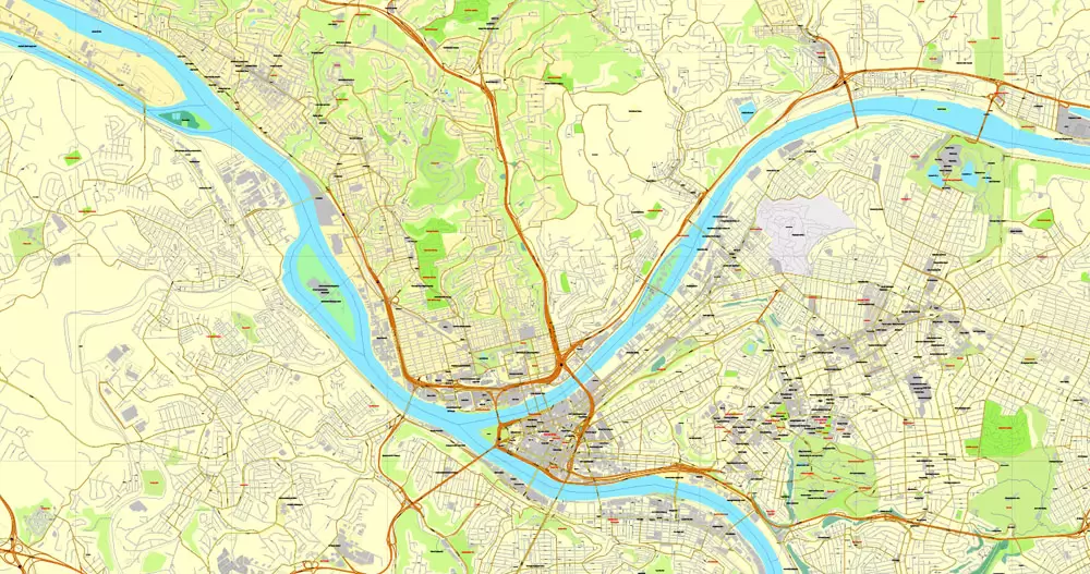 Vector Map Pittsburgh, Pennsylvania, US, vector map Adobe Illustrator editable City Plan V3-2016.07, full vector, scalable, editable, text format street names, 23 mb ZIP