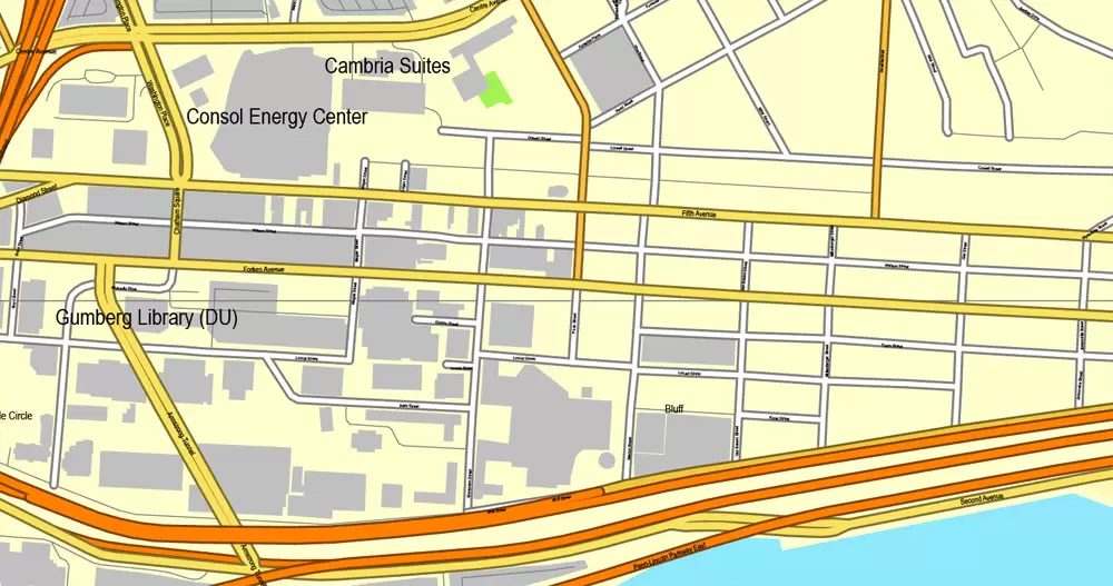 Vector Map Pittsburgh, Pennsylvania, US, vector map Adobe Illustrator editable City Plan V3-2016.07, full vector, scalable, editable, text format street names, 23 mb ZIP