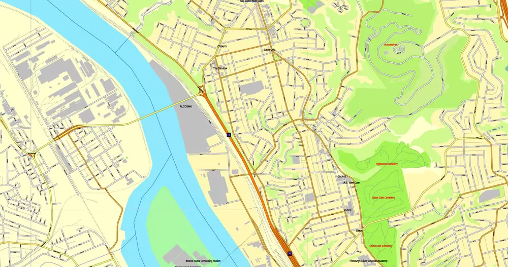 Vector Map Pittsburgh, Pennsylvania, US, vector map Adobe Illustrator editable City Plan V3-2016.07, full vector, scalable, editable, text format street names, 23 mb ZIP