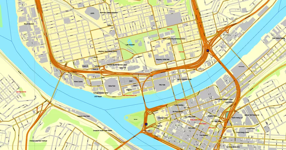 Vector Map Pittsburgh, Pennsylvania, US, vector map Adobe Illustrator editable City Plan V3-2016.07, full vector, scalable, editable, text format street names, 23 mb ZIP