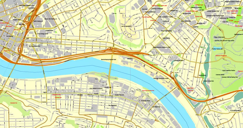 Vector Map Pittsburgh, Pennsylvania, US, vector map Adobe Illustrator editable City Plan V3-2016.07, full vector, scalable, editable, text format street names, 23 mb ZIP