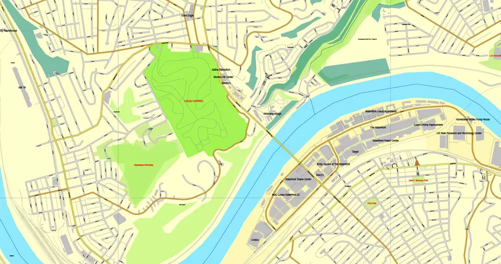 Vector Map Pittsburgh, Pennsylvania, US, vector map Adobe Illustrator editable City Plan V3-2016.07, full vector, scalable, editable, text format street names, 23 mb ZIP