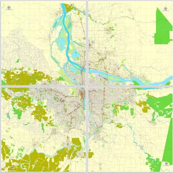 Vector Map Portland, Oregon + Vancouver, Washington, US, vector map Adobe Illustrator editable 4 parts City Plan V3-2016.08, full vector, scalable, editable, text format street names, 76 mb ZIP