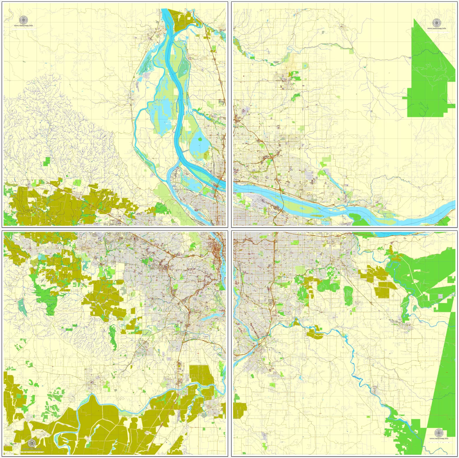 Vector Map Portland, Oregon + Vancouver, Washington, US, vector map Adobe Illustrator editable 4 parts City Plan V3-2016.08, full vector, scalable, editable, text format street names, 76 mb ZIP