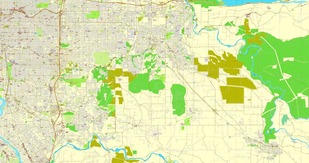 Vector Map Portland, Oregon + Vancouver, Washington, US, vector map Adobe Illustrator editable 4 parts City Plan V3-2016.08, full vector, scalable, editable, text format street names, 76 mb ZIP