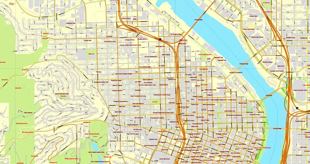 Vector Map Portland, Oregon + Vancouver, Washington, US, vector map Adobe Illustrator editable 4 parts City Plan V3-2016.08, full vector, scalable, editable, text format street names, 76 mb ZIP