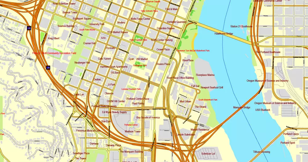 Vector Map Portland, Oregon + Vancouver, Washington, US, vector map Adobe Illustrator editable 4 parts City Plan V3-2016.08, full vector, scalable, editable, text format street names, 76 mb ZIP