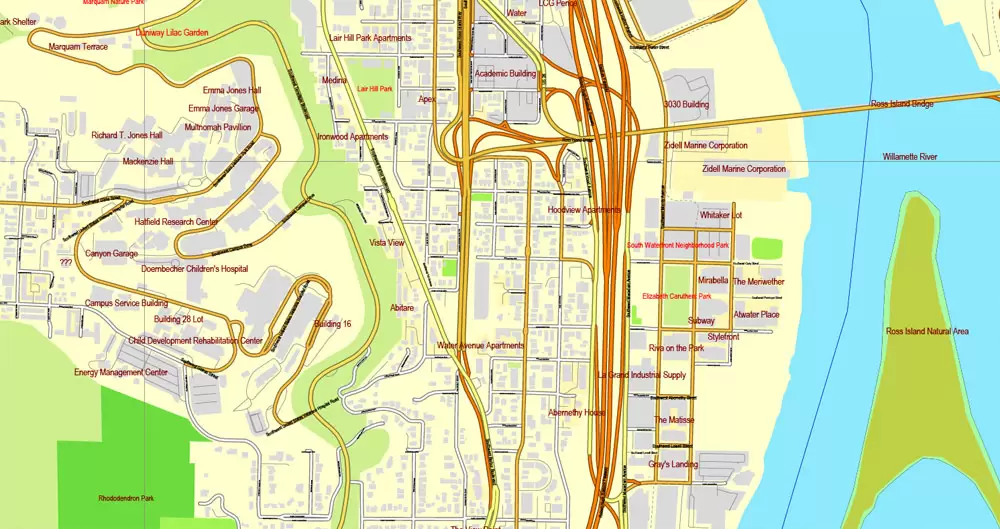 Vector Map Portland, Oregon + Vancouver, Washington, US, vector map Adobe Illustrator editable 4 parts City Plan V3-2016.08, full vector, scalable, editable, text format street names, 76 mb ZIP