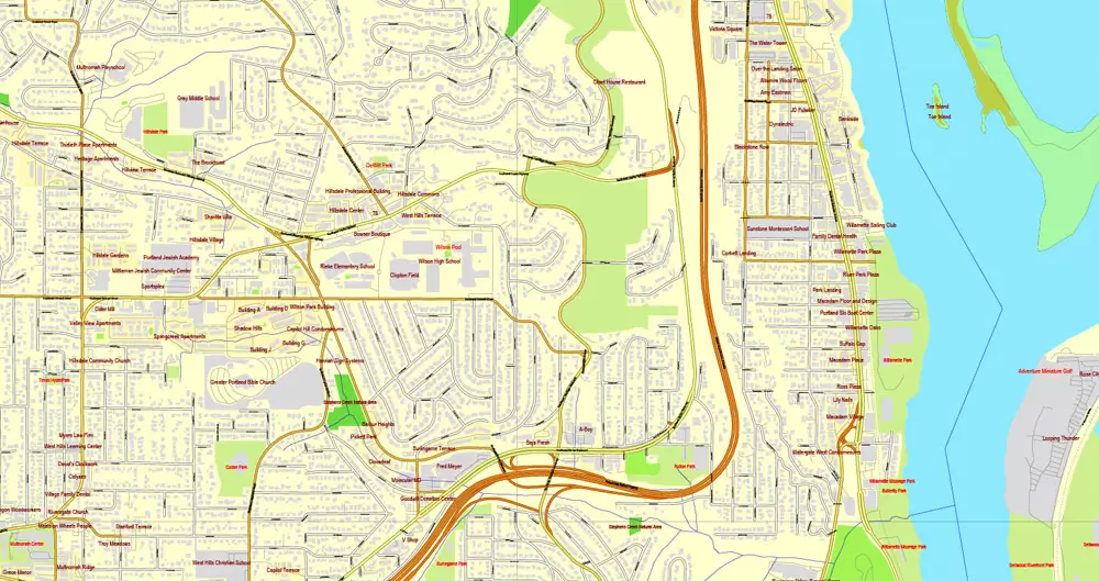 Vector Map Portland, Oregon + Vancouver, Washington, US, vector map Adobe Illustrator editable 4 parts City Plan V3-2016.08, full vector, scalable, editable, text format street names, 76 mb ZIP