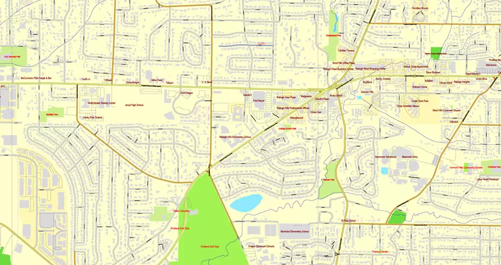 Vector Map Portland, Oregon + Vancouver, Washington, US, vector map Adobe Illustrator editable 4 parts City Plan V3-2016.08, full vector, scalable, editable, text format street names, 76 mb ZIP