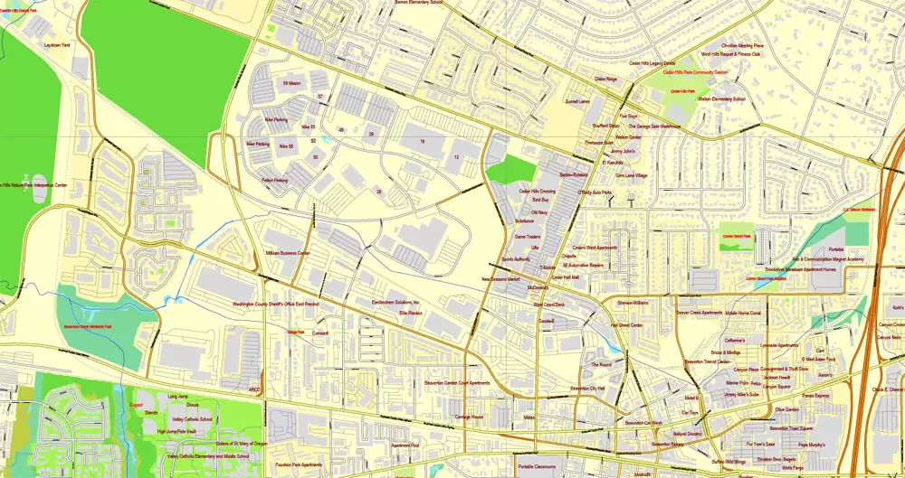 Vector Map Portland, Oregon + Vancouver, Washington, US, vector map Adobe Illustrator editable 4 parts City Plan V3-2016.08, full vector, scalable, editable, text format street names, 76 mb ZIP