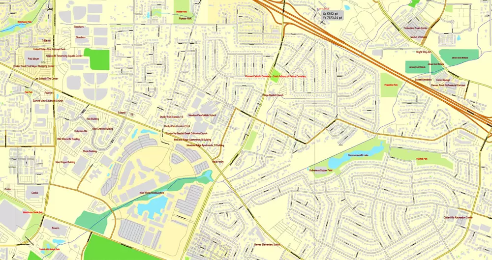 Vector Map Portland, Oregon + Vancouver, Washington, US, vector map Adobe Illustrator editable 4 parts City Plan V3-2016.08, full vector, scalable, editable, text format street names, 76 mb ZIP