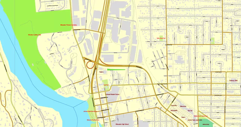 Vector Map Portland, Oregon + Vancouver, Washington, US, vector map Adobe Illustrator editable 4 parts City Plan V3-2016.08, full vector, scalable, editable, text format street names, 76 mb ZIP