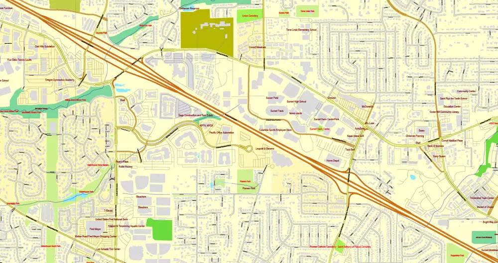 Vector Map Portland, Oregon + Vancouver, Washington, US, vector map Adobe Illustrator editable 4 parts City Plan V3-2016.08, full vector, scalable, editable, text format street names, 76 mb ZIP