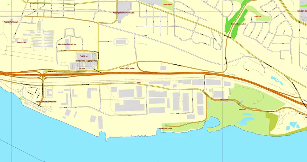 Vector Map Portland, Oregon + Vancouver, Washington, US, vector map Adobe Illustrator editable 4 parts City Plan V3-2016.08, full vector, scalable, editable, text format street names, 76 mb ZIP