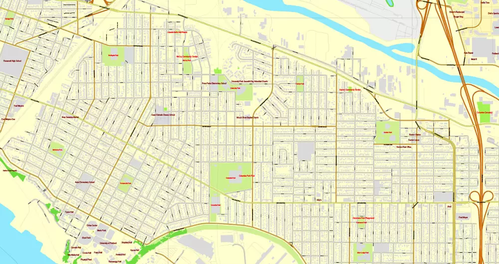 Vector Map Portland, Oregon + Vancouver, Washington, US, vector map Adobe Illustrator editable 4 parts City Plan V3-2016.08, full vector, scalable, editable, text format street names, 76 mb ZIP