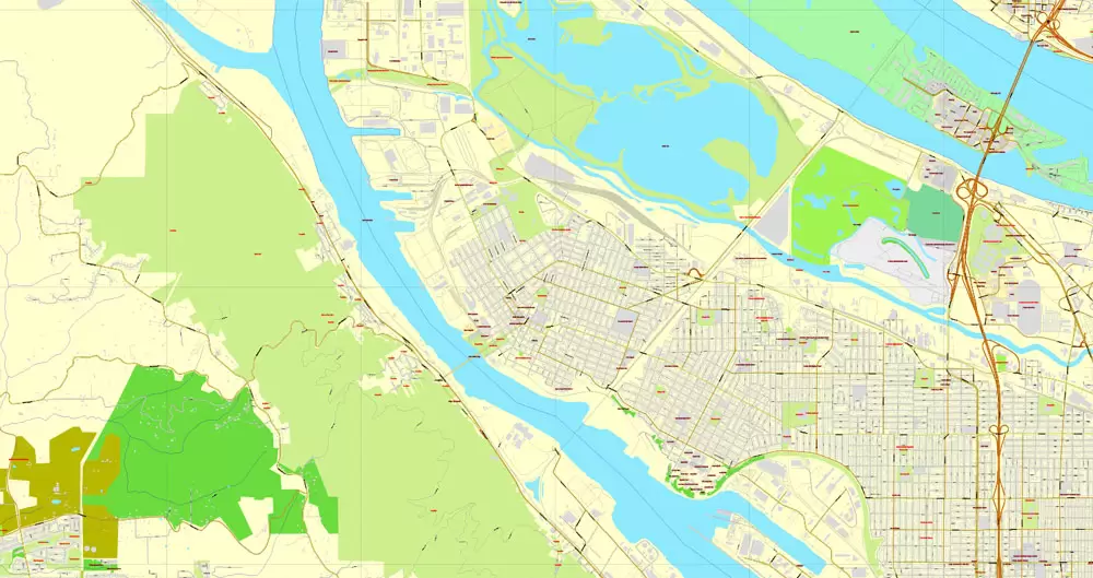 Vector Map Portland, Oregon + Vancouver, Washington, US, vector map Adobe Illustrator editable 4 parts City Plan V3-2016.08, full vector, scalable, editable, text format street names, 76 mb ZIP