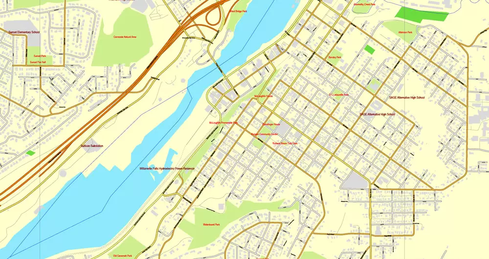 Vector Map Portland, Oregon + Vancouver, Washington, US, vector map Adobe Illustrator editable 4 parts City Plan V3-2016.08, full vector, scalable, editable, text format street names, 76 mb ZIP