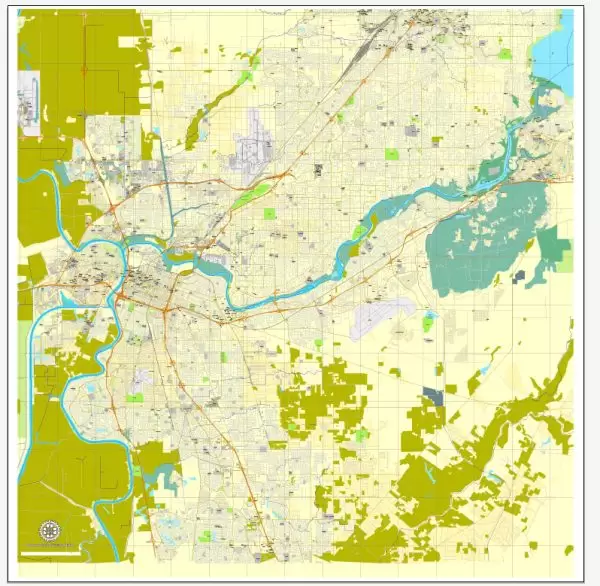 Sacramento, California, US, printable vector map street City Plan V.3.08.2016 full editable, Adobe Illustrator