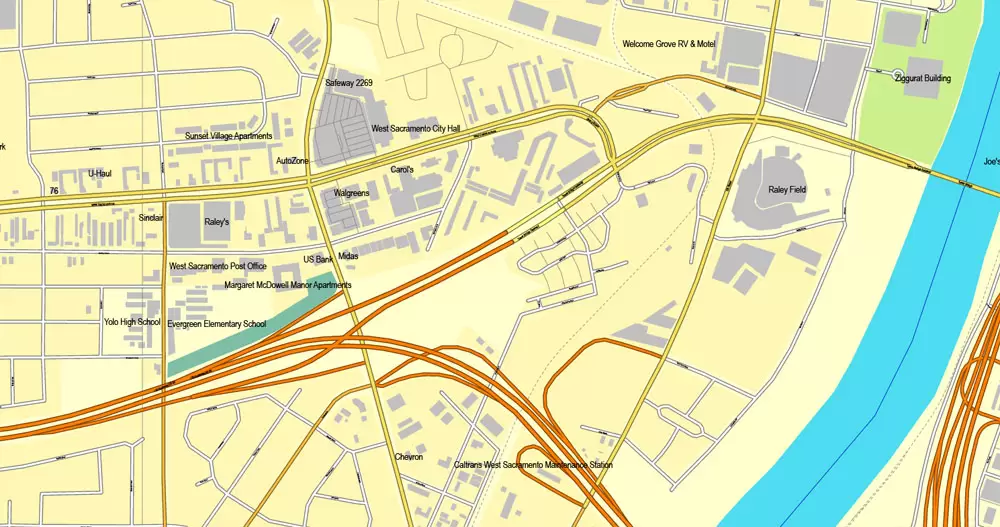 Sacramento, California, US, printable vector map street City Plan V.3.08.2016 full editable, Adobe Illustrator