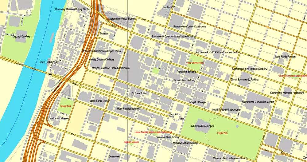 Sacramento, California, US, printable vector map street City Plan V.3.08.2016 full editable, Adobe Illustrator