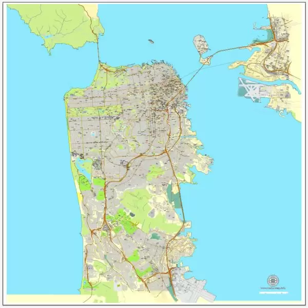 Vector Map San Francisco, California, US, vector map Adobe Illustrator editable City Plan V3-2016.08, full vector, scalable, editable, text format street names, 26 mb ZIP