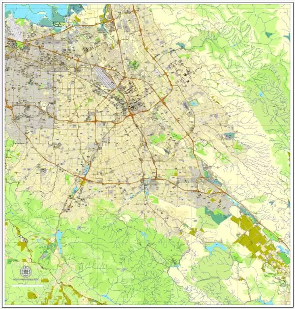 Vector Map San Jose, California, US, printable vector map street City Plan V.3.08.2016 full editable, Adobe Illustrator, full vector, scalable, editable text format street names, 19 mb ZIP