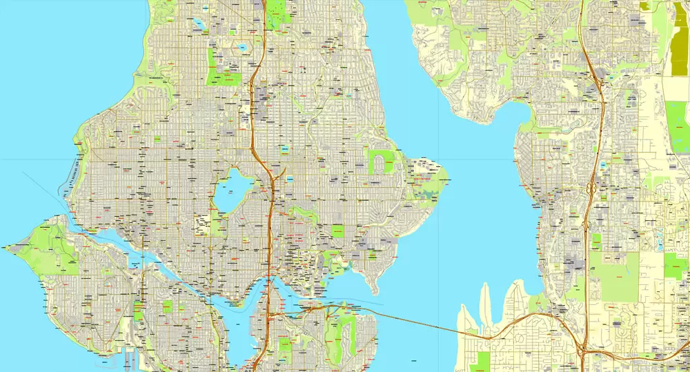 Vector Map Seattle, Washington, US, vector map Adobe Illustrator editable 3 parts City Plan V3-2016.08, full vector, scalable, editable, text format street names, 51 mb ZIP