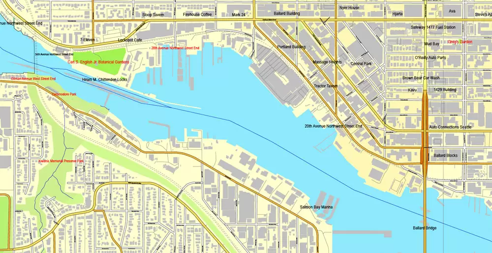 Vector Map Seattle, Washington, US, vector map Adobe Illustrator editable 3 parts City Plan V3-2016.08, full vector, scalable, editable, text format street names, 51 mb ZIP