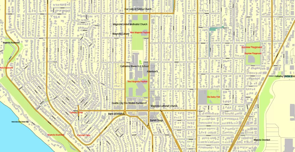 Vector Map Seattle, Washington, US, vector map Adobe Illustrator editable 3 parts City Plan V3-2016.08, full vector, scalable, editable, text format street names, 51 mb ZIP
