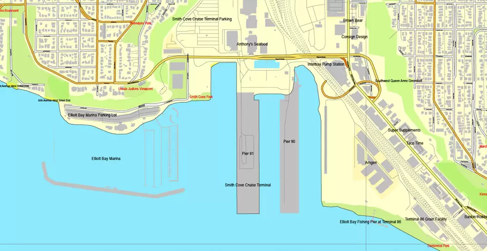 Vector Map Seattle, Washington, US, vector map Adobe Illustrator editable 3 parts City Plan V3-2016.08, full vector, scalable, editable, text format street names, 51 mb ZIP