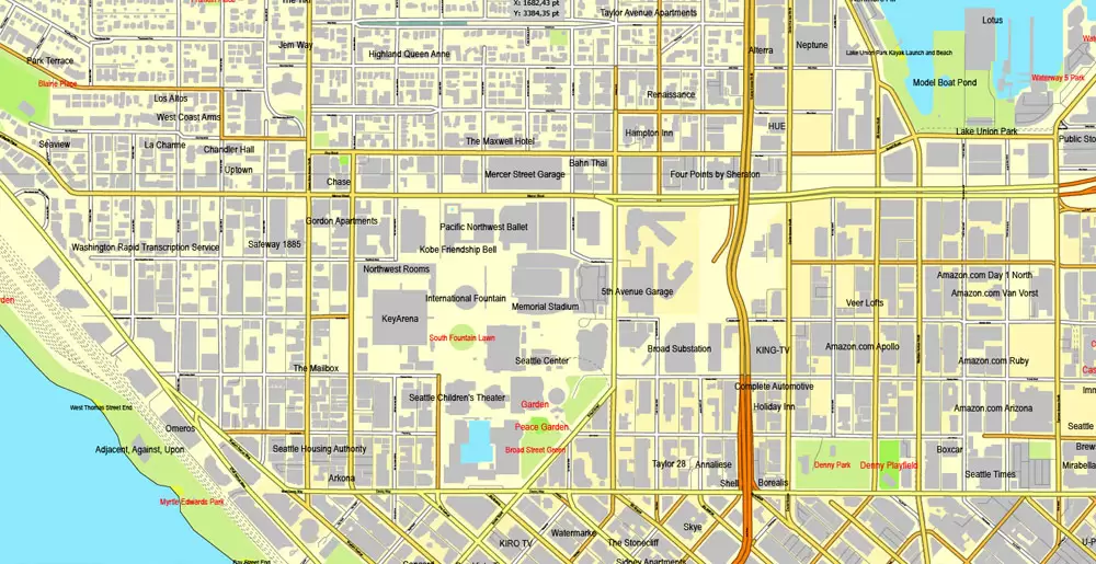 Vector Map Seattle, Washington, US, vector map Adobe Illustrator editable 3 parts City Plan V3-2016.08, full vector, scalable, editable, text format street names, 51 mb ZIP