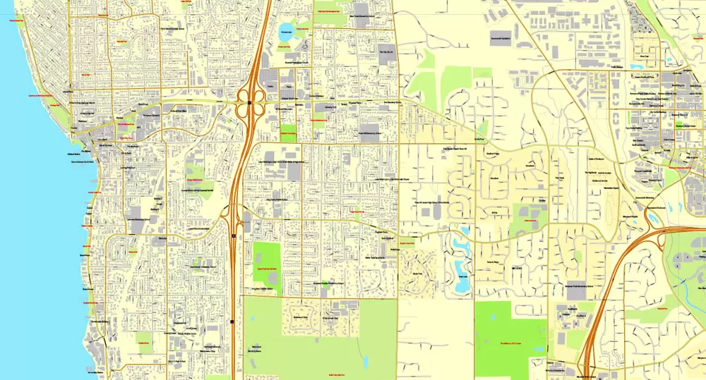 Vector Map Seattle, Washington, US, vector map Adobe Illustrator editable 3 parts City Plan V3-2016.08, full vector, scalable, editable, text format street names, 51 mb ZIP