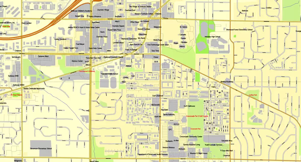 Vector Map Seattle, Washington, US, vector map Adobe Illustrator editable 3 parts City Plan V3-2016.08, full vector, scalable, editable, text format street names, 51 mb ZIP
