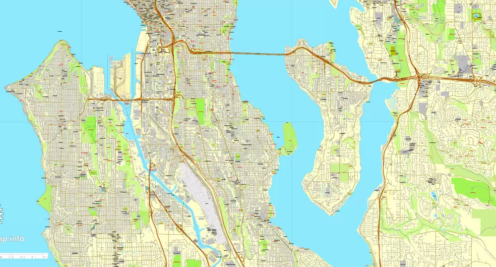 Vector Map Seattle, Washington, US, vector map Adobe Illustrator editable 3 parts City Plan V3-2016.08, full vector, scalable, editable, text format street names, 51 mb ZIP